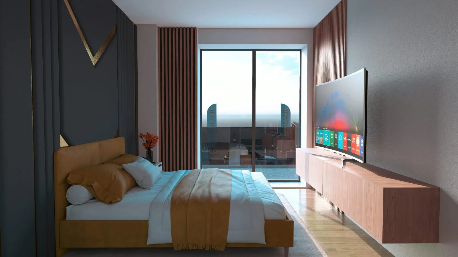 Apartament A1 The Icon Mamaia Nord, dormitor amenajat pentru apartament de vacanta sau investitie