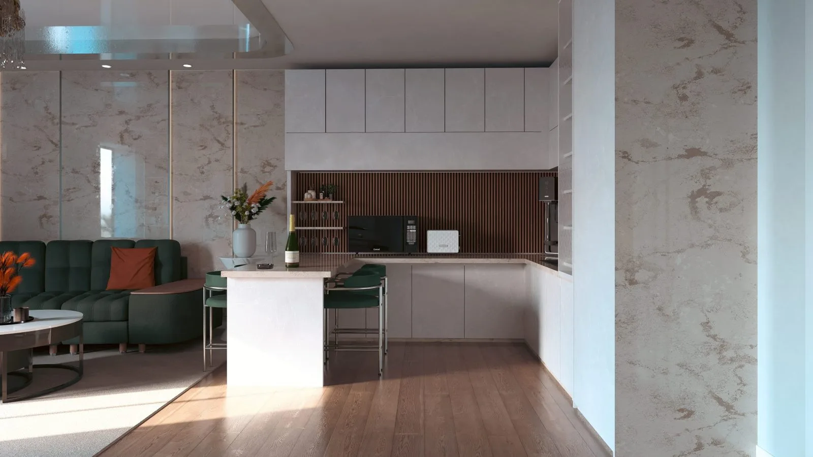 Apartament A1 The Icon Mamaia Nord, living cu zona de relaxare pentru apartament de vacanta sau investitie